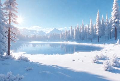 The primary subject of the image is a snowy landscape with a lake and a forest. The setting is a winter scene with snow covering the ground and trees. The visual style is digital art, as the image is a computer-generated representation of a winter scene. The colors and mood are predominantly white and cold, with the snow and the lake creating a serene and tranquil atmosphere.